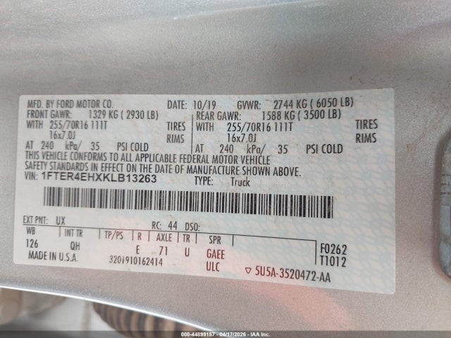 Продаж на аукціоні авто 2019 Ford Ranger Xl, vin: 1FTER4EHXKLB13263, номер лоту: 44899157