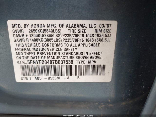 44899164 :رقم المزاد ، 5FNYF28487B037538 vin ، 2007 Honda Pilot Ex مزاد بيع