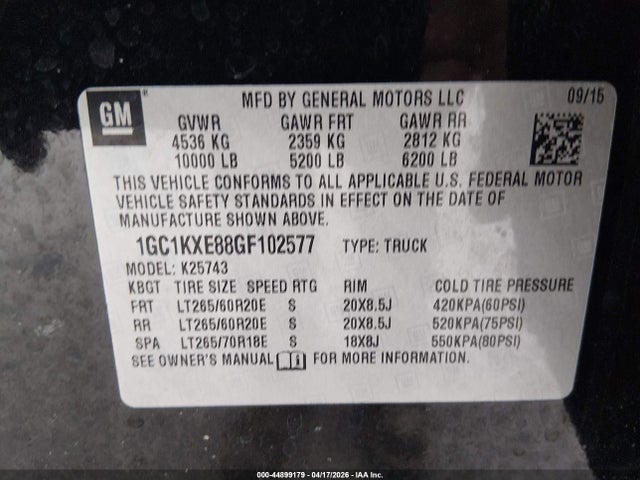 44899179 :رقم المزاد ، 1GC1KXE88GF102577 vin ، 2016 Chevrolet Silverado 2500hd High Country مزاد بيع
