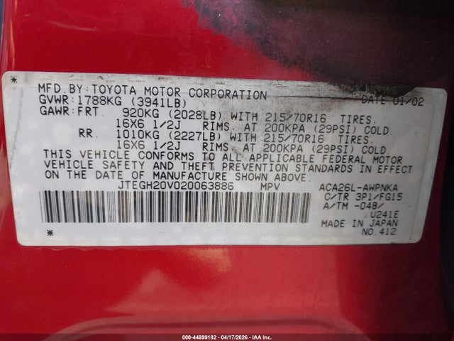 Продажа на аукционе авто 2002 Toyota Rav4, vin: JTEGH20V020063886, номер лота: 44899182