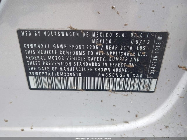 2013 Volkswagen Jetta 2.5l Se მანქანა იყიდება აუქციონზე, vin: 3VWDP7AJ1DM220518, აუქციონის ნომერი: 44899188