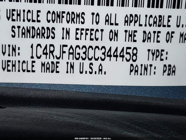 44899191 :رقم المزاد ، 1C4RJFAG3CC344458 vin ، 2012 Jeep Grand Cherokee Laredo مزاد بيع
