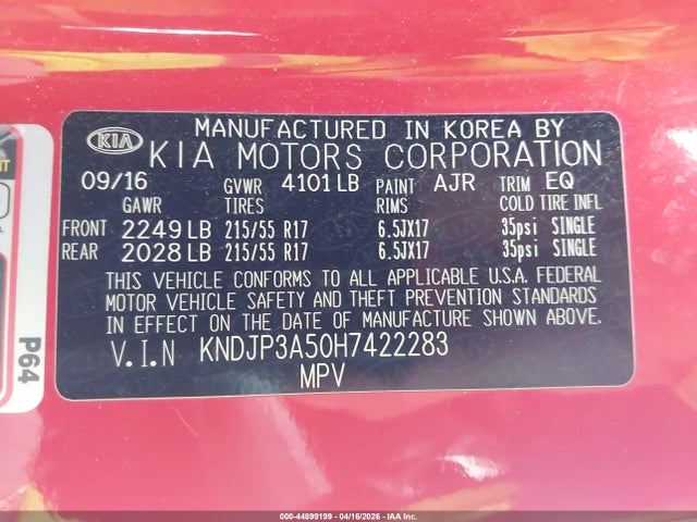 44899199 :رقم المزاد ، KNDJP3A50H7422283 vin ، 2017 Kia Soul + مزاد بيع