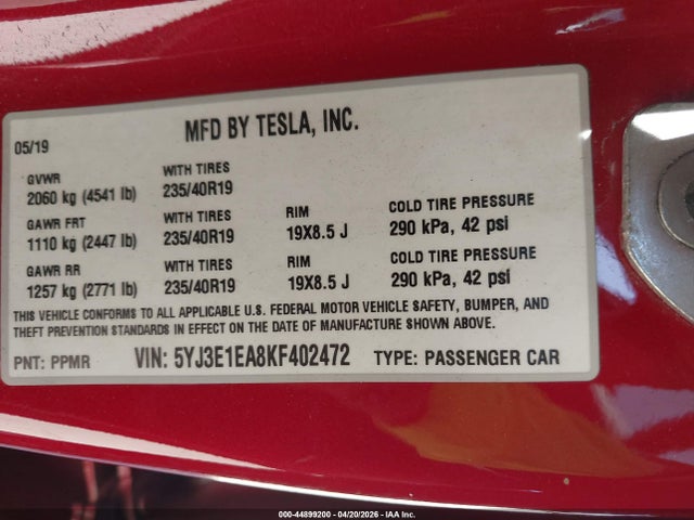 Продаж на аукціоні авто 2019 Tesla Model 3 Long Range/mid Range/standard Range/standard Range Plus, vin: 5YJ3E1EA8KF402472, номер лоту: 44899200