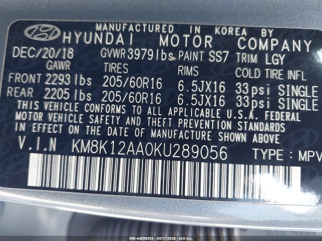KM8K12AA0KU289056 Hyundai Kona Se