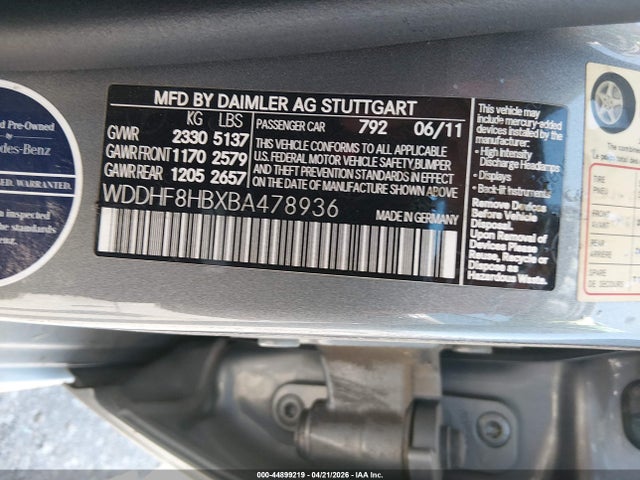 44899219 :رقم المزاد ، WDDHF8HBXBA478936 vin ، 2011 Mercedes-benz E 350 4matic مزاد بيع