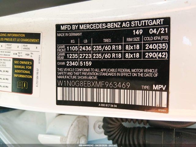 Продажа на аукционе авто 2021 Mercedes-benz Glc 300 4matic Suv, vin: W1N0G8EBXMF963469, номер лота: 44899242