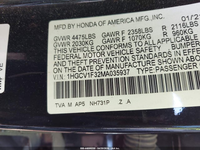 44899259 :رقم المزاد ، 1HGCV1F32MA035937 vin ، 2021 Honda Accord Sport مزاد بيع