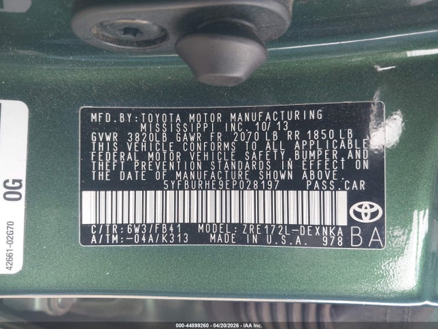 5YFBURHE9EP028197 Toyota Corolla Le Plus