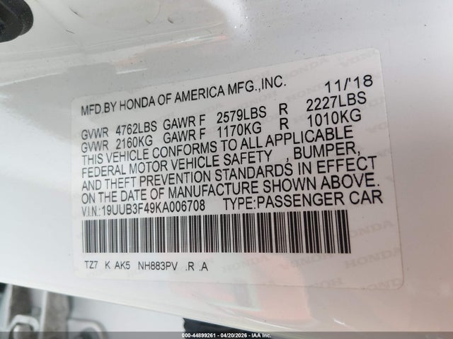 Aukcja sprzedaży 2019 Acura Tlx Tech Pkg, vin: 19UUB3F49KA006708, numer aukcji: 44899261