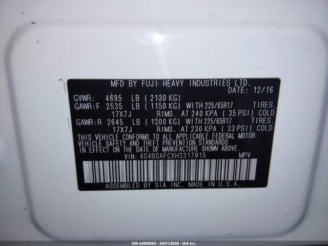 4S4BSAFCXH3317915 Subaru Outback 2.5i Premium