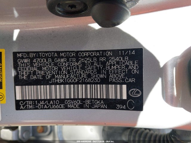 Aukcja sprzedaży 2015 Lexus Es 350, vin: JTHBK1GG0F2168230, numer aukcji: 44899266