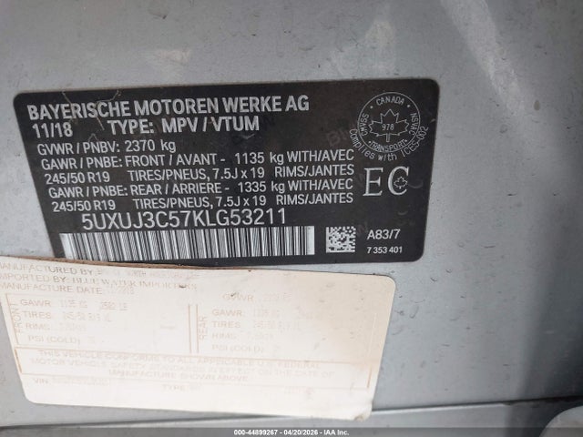 44899267 :رقم المزاد ، 5UXUJ3C57KLG53211 vin ، 2019 Bmw X4 Xdrive30i مزاد بيع