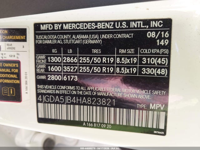 Aukcja sprzedaży 2017 Mercedes-benz Gle 350, vin: 4JGDA5JB4HA823821, numer aukcji: 44899279