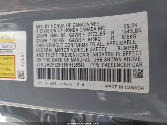 44899299 :رقم المزاد ، 2HGFE2F55RH595948 vin ، 2024 Honda Civic Sport مزاد بيع