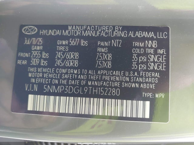 2026 Hyundai Santa Fe Xrt მანქანა იყიდება აუქციონზე, vin: 5NMP3DGL9TH152280, აუქციონის ნომერი: 44899305