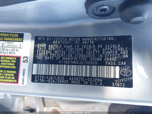 44899313 :رقم المزاد ، 4T1B61HKXJU130926 vin ، 2018 Toyota Camry Xse مزاد بيع