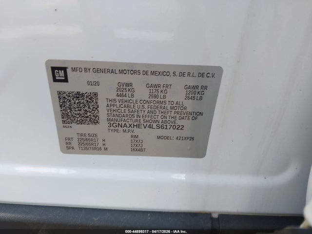 Продажа на аукционе авто 2020 Chevrolet Equinox Fwd Ls, vin: 3GNAXHEV4LS617022, номер лота: 44899317
