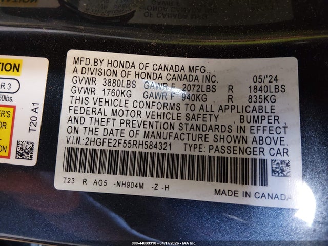 44899318 :رقم المزاد ، 2HGFE2F55RH584321 vin ، 2024 Honda Civic Sport مزاد بيع