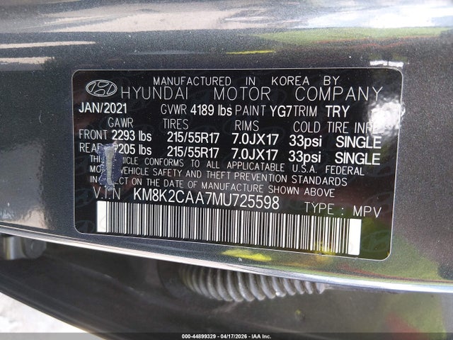 2021 Hyundai Kona Sel მანქანა იყიდება აუქციონზე, vin: KM8K2CAA7MU725598, აუქციონის ნომერი: 44899329