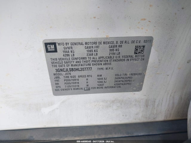 Aukcja sprzedaży 2017 Chevrolet Trax Lt, vin: 3GNCJLSB0HL207777, numer aukcji: 44899345