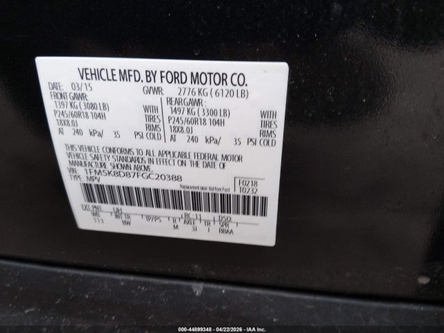 Ford EXPLORER XLT 2015 1FM5K8D87FGC20388 Image 9