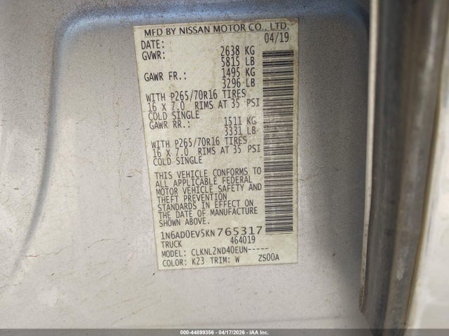 1N6AD0EV5KN765317 Nissan Frontier Sv
