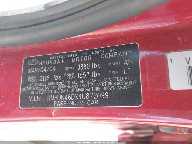 Продаж на аукціоні авто 2004 Hyundai Elantra Gls/gt, vin: KMHDN46DX4U872099, номер лоту: 44899362