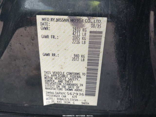 Aukcja sprzedaży 2015 Nissan Altima 2.5 S, vin: 1N4AL3APXFC567936, numer aukcji: 44899378