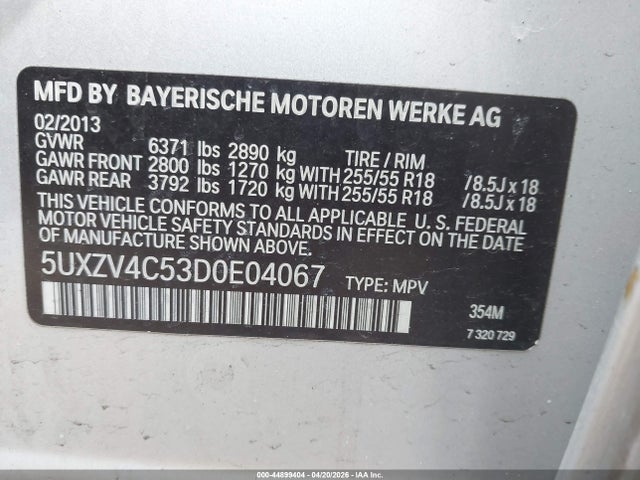 2013 Bmw X5 Xdrive35i/xdrive35i Premium/xdrive35i Sport Activity მანქანა იყიდება აუქციონზე, vin: 5UXZV4C53D0E04067, აუქციონის ნომერი: 44899404