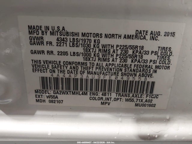 44899407 :رقم المزاد ، 4A4AP3AU9FE049558 vin ، 2015 Mitsubishi Outlander Sport Es مزاد بيع