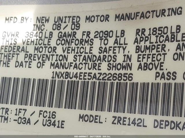 2010 Toyota Corolla Le მანქანა იყიდება აუქციონზე, vin: 1NXBU4EE5AZ226856, აუქციონის ნომერი: 44899417