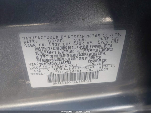 Aukcja sprzedaży 2020 Nissan Versa S Xtronic Cvt, vin: 3N1CN8DV2LL883788, numer aukcji: 44899419