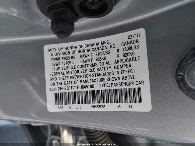 2HGFC1F71HH645180 Honda Civic Ex-l