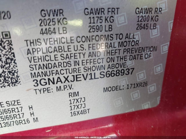 44899424 :رقم المزاد ، 3GNAXJEV1LS668937 vin ، 2020 Chevrolet Equinox Fwd 2fl مزاد بيع