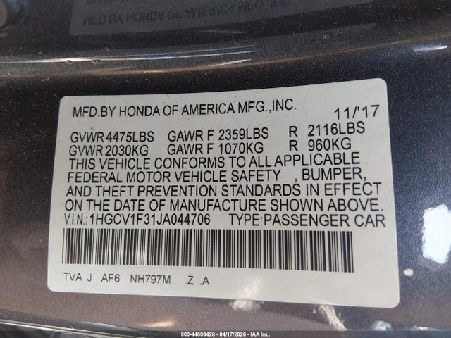 2018 Honda Accord Sport მანქანა იყიდება აუქციონზე, vin: 1HGCV1F31JA044706, აუქციონის ნომერი: 44899428