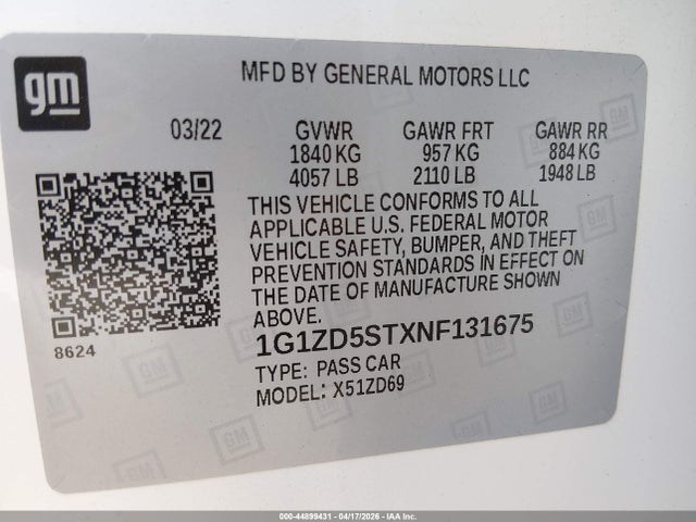 1G1ZD5STXNF131675 Chevrolet Malibu Fwd Lt