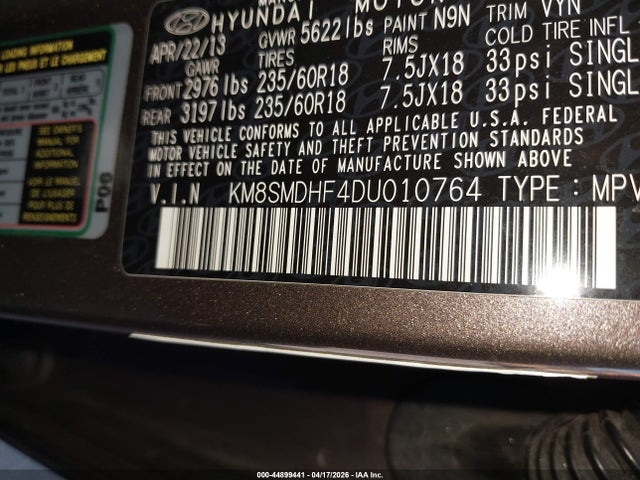 Продажа на аукционе авто 2013 Hyundai Santa Fe Gls, vin: KM8SMDHF4DU010764, номер лота: 44899441
