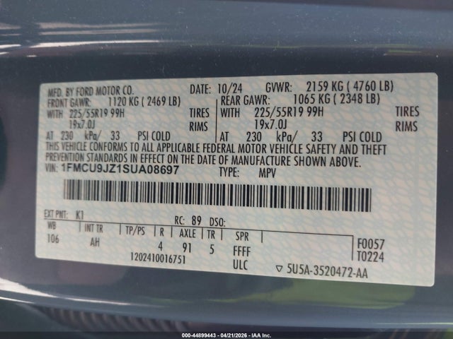 44899443 :رقم المزاد ، 1FMCU9JZ1SUA08697 vin ، 2025 Ford Escape Platinum مزاد بيع