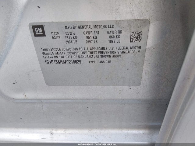 44899450 :رقم المزاد ، 1G1P15SH6F7215029 vin ، 2015 Chevrolet Cruze L Manual مزاد بيع