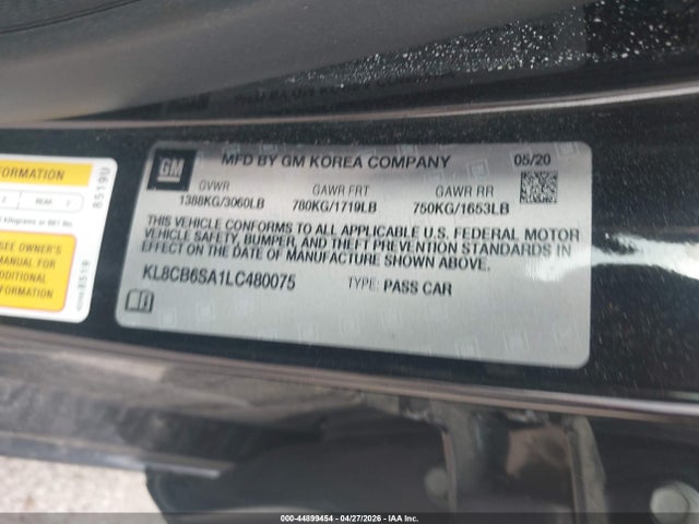 44899454 :رقم المزاد ، KL8CB6SA1LC480075 vin ، 2020 Chevrolet Spark Fwd Ls Automatic مزاد بيع