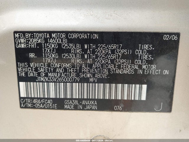 Продажа на аукционе авто 2006 Toyota Rav4 Base V6, vin: JTMZK33V265000779, номер лота: 44899456