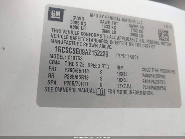 Продажа на аукционе авто 2010 Chevrolet Silverado 1500 Lt, vin: 1GCSCSE09AZ152229, номер лота: 44899462