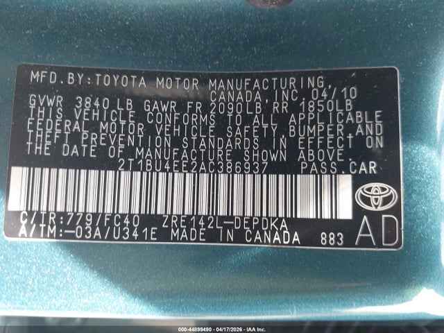 Aukcja sprzedaży 2010 Toyota Corolla Le, vin: 2T1BU4EE2AC386937, numer aukcji: 44899490