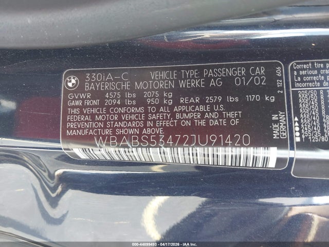 Aukcja sprzedaży 2002 Bmw 330ci, vin: WBABS53472JU91420, numer aukcji: 44899493