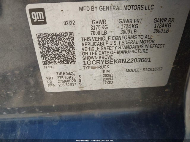 44899501 :رقم المزاد ، 1GCRYBEK8NZ203601 vin ، 2022 Chevrolet Silverado 1500 Ltd 4wd  Standard Bed Custom مزاد بيع