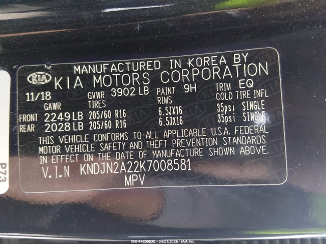 Aukcja sprzedaży 2019 Kia Soul, vin: KNDJN2A22K7008581, numer aukcji: 44899520