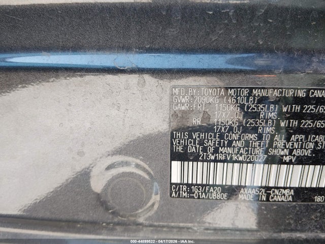 Toyota Rav4 Xle 2019 2T3W1RFV1KW020027 Image 9