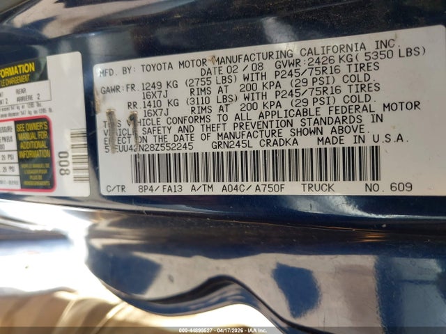 44899527 :رقم المزاد ، 5TEUU42N28Z552245 vin ، 2008 Toyota Tacoma Base V6 مزاد بيع
