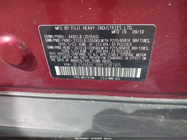 Aukcja sprzedaży 2011 Subaru Forester 2.5x, vin: JF2SHABC3BH708165, numer aukcji: 44899537